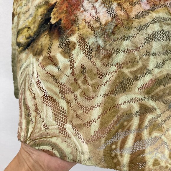 Chico's size XL/3 Green Brown Floral Split Neck Mesh Stretch Artsy Boho Blouse - Picture 7 of 9